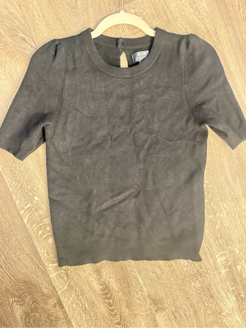 Anthropologie Maeve Black Puff Sleeve Top Crew Neck XS NWOT